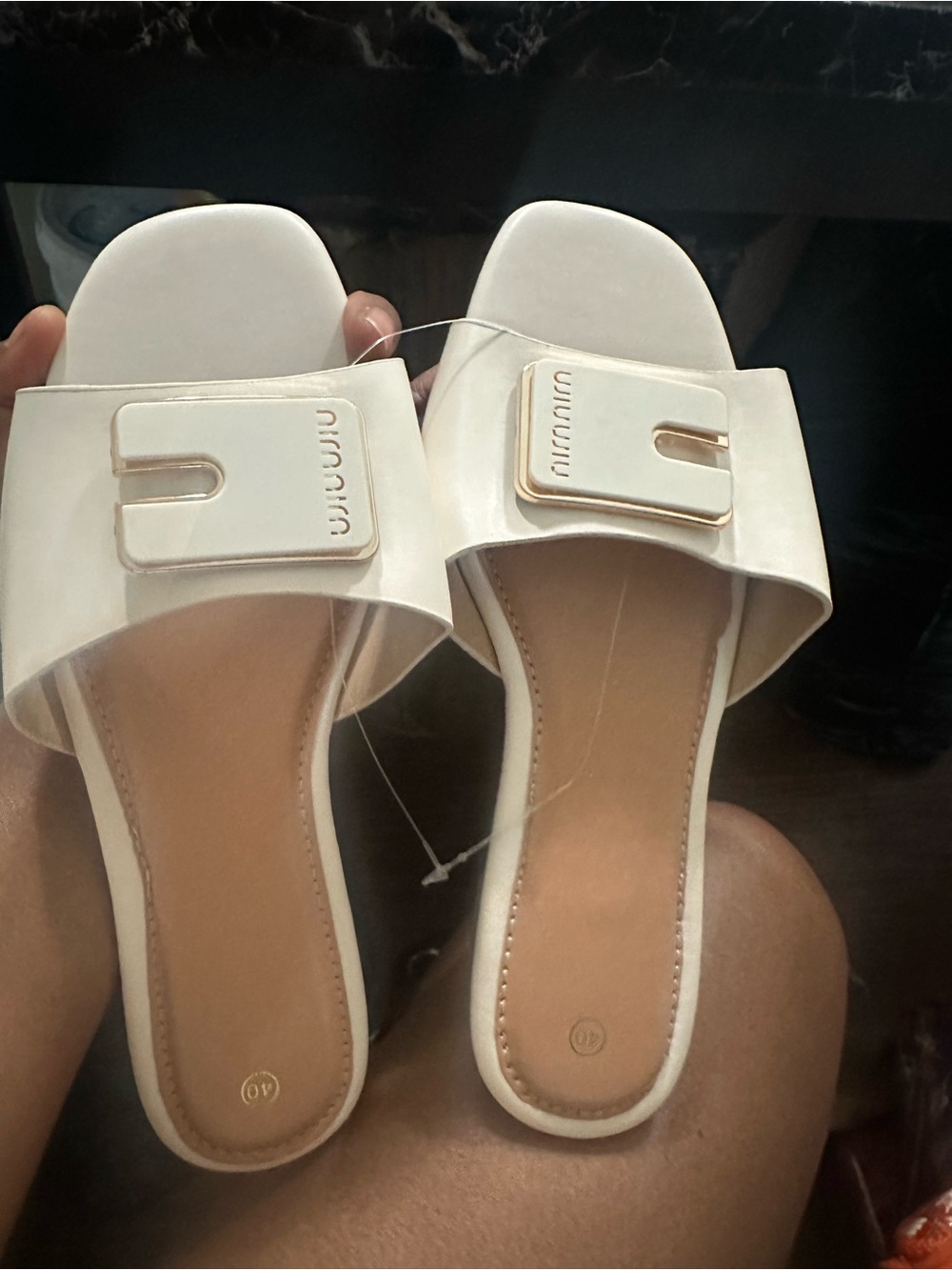 Women's Cream Slide Sandals with Decorative Buckle